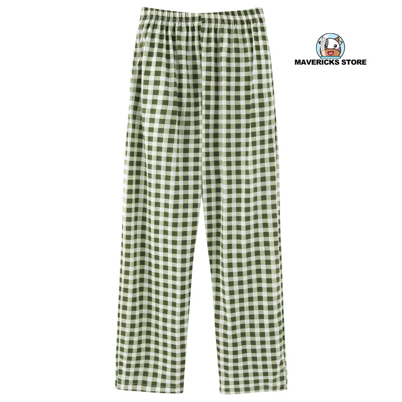 Quần ngủ cotton ống rộng họa tiết caro phong cách Hàn Quốc