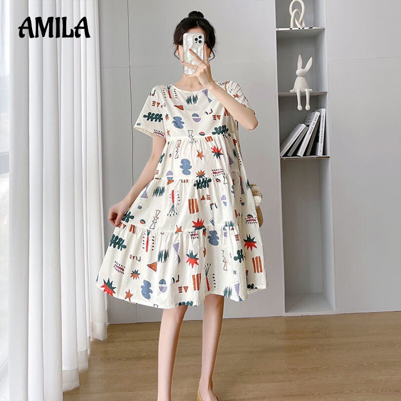 Đầm bầu AMILA vải cotton dáng dài họa tiết hoa thời trang phong cách Hàn Quốc