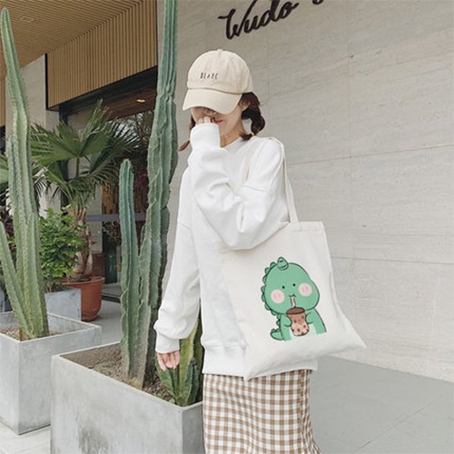 Túi tote vải canvas IBAG nữ phong cách ulzzang dáng unisex in hình khủng long uống trà sữa N009