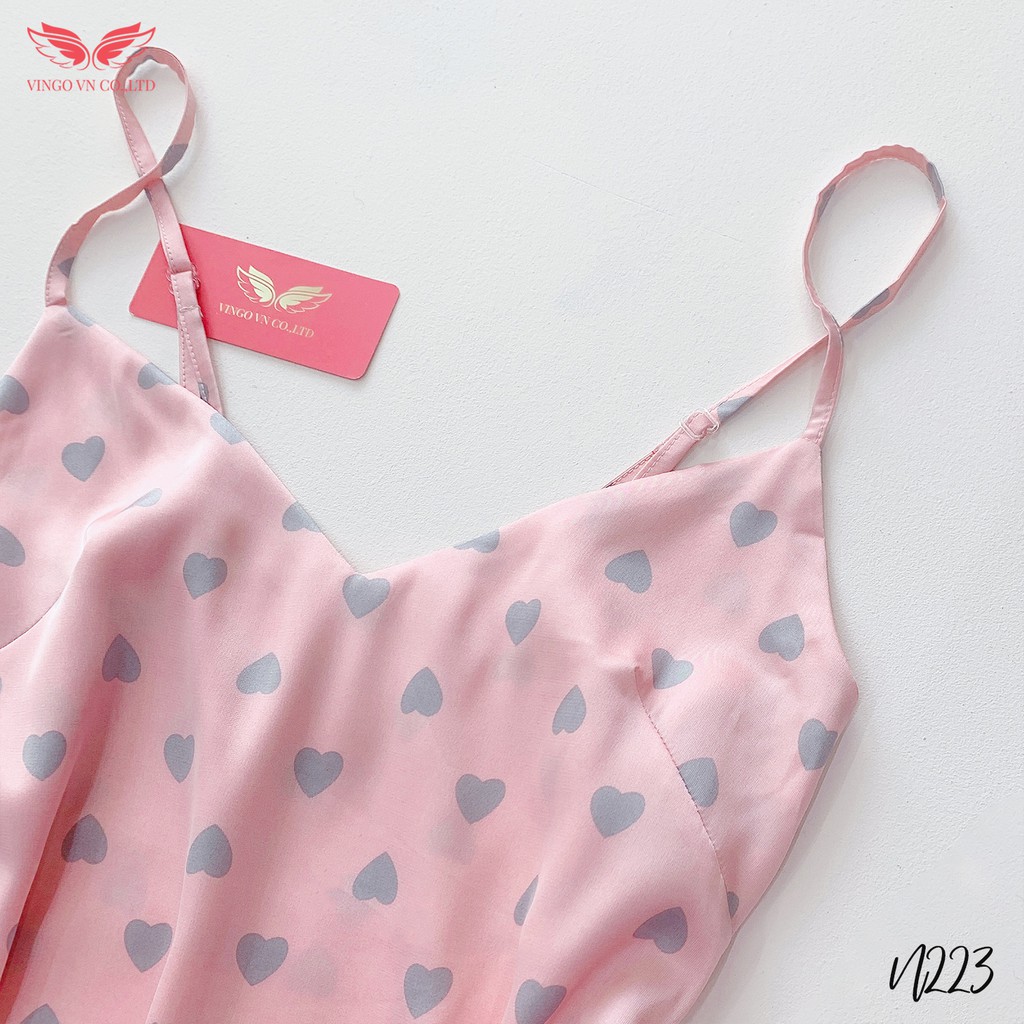 VINGO Váy Ngủ Hai Dây Nữ Lụa Hàn Liền Thân Xẻ Tà Một Bên Họa Tiết Tim Cao Cấp N223 VNGO | BigBuy360 - bigbuy360.vn