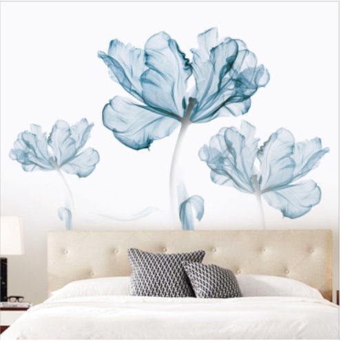 Decal giấy dán tường mẫu Hoa Lá Bắp Cải xanh biển trong suốt tinh tế