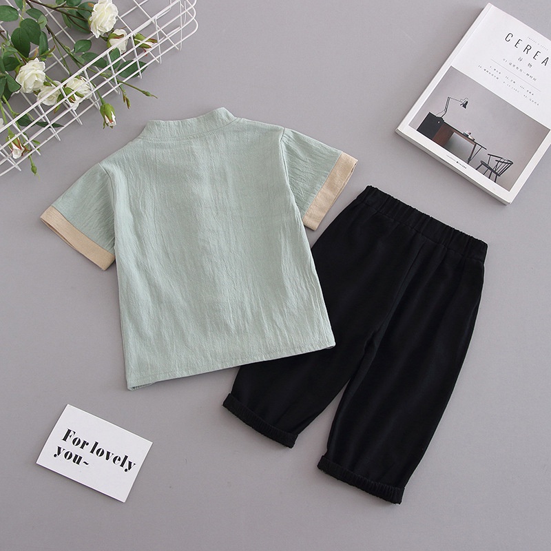 Bộ Hán Phục Tay Ngắn Chất Liệu Cotton Lanh Phong Cách Trung Hoa Mừng Năm Mới Cho Bé