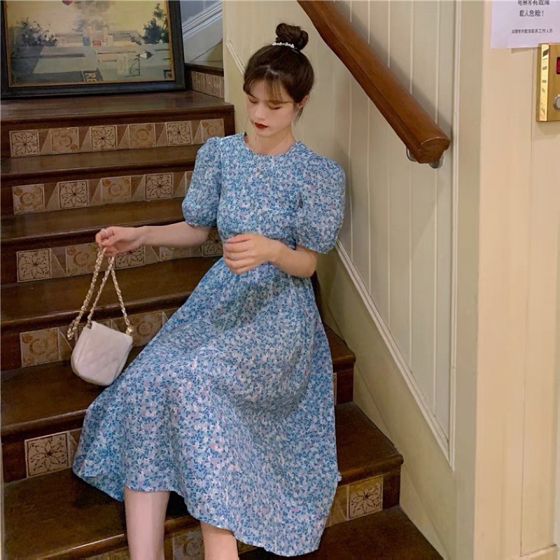 Đầm midi nữ tay ngắn cổ tròn hoa nhí mùa hè thời trang nữ | BigBuy360 - bigbuy360.vn