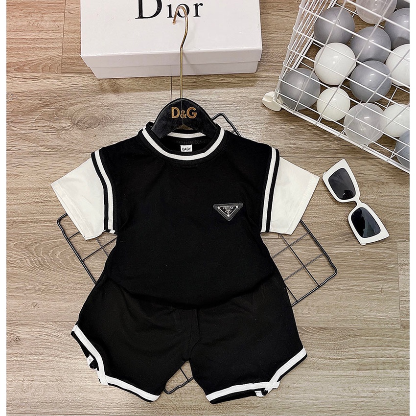 Bộ Quần Áo Cộc Tay PRDAY Đen Trắng Vải Cotton Thoáng Mát Cho Bé Từ 7-20kg Mã CT20