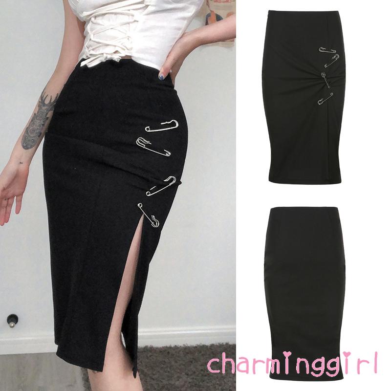 Chân Váy Xẻ Tà Màu Trơn Lưng Cao Thời Trang Mùa Hè Cho Nữ Đen
