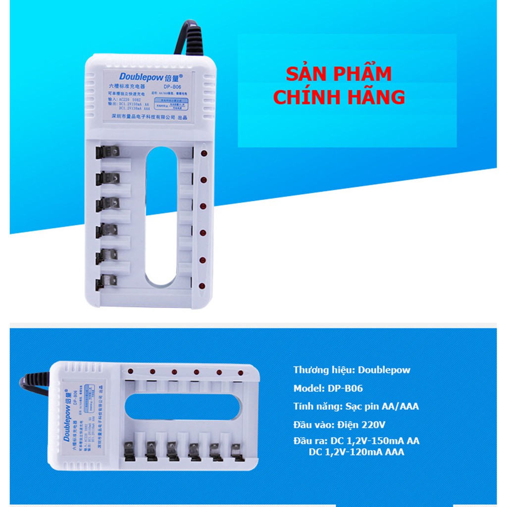 Combo Sạc pin 6 cổng, sạc AA, AAA chất lượng cao DP-B06 - DoublePow + tặng kèm 04 viên pin AA 1200mAh