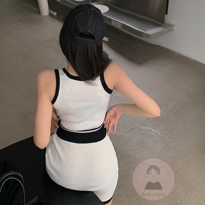 Bộ Áo Dệt Kim Không Tay Cổ Chữ U Màu Sắc Tương Phản Phối Chân Váy Ngắn Lưng Cao Thời Trang Mùa Hè Cho Nữ
