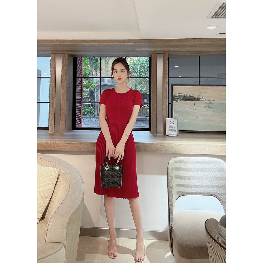 Áy công sở nữ liền thân dáng xòe xếp ly nhỏ  ống tay rúm nhẹ, cổ tròn nẹp khuy bọc thiết kế MQ Boutique cao cấp