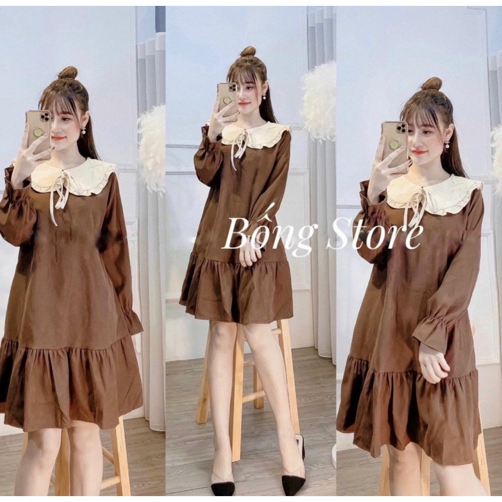 Đầm bầu-Váy bầu đũi xước dài tay công sở thắt nơ cổ 2 màu
