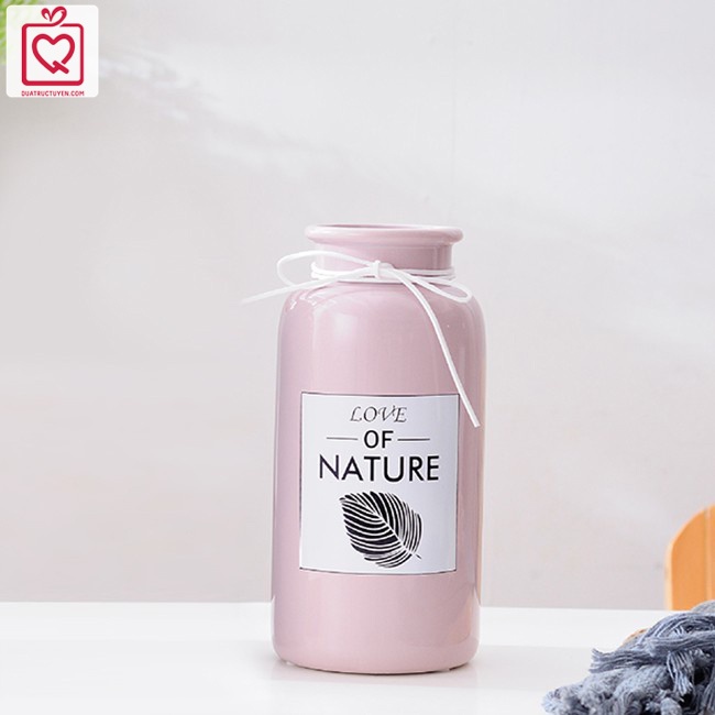 Lọ hoa dáng trụ Love Nature màu Pastel cổ thắt nơ, bình hoa trang trí gốm sứ