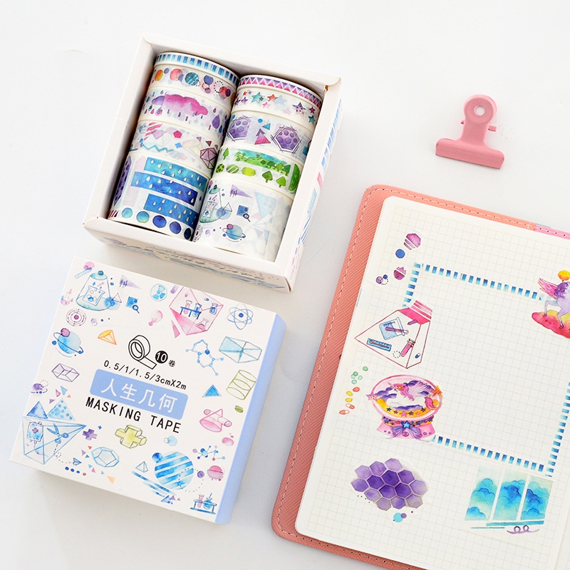 Washi tape phong cảnh hộp 10 cuộn DIY, Bullet Journal, Sổ lưu niệm, Sổ tay planner, Tạp chí, Nhật ký, Kế hoạch, Gói quà