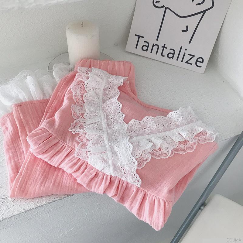Bộ đồ ngủ áo tay phồng cổ chữ V phối ren + quần dài thời trang cho bé gái