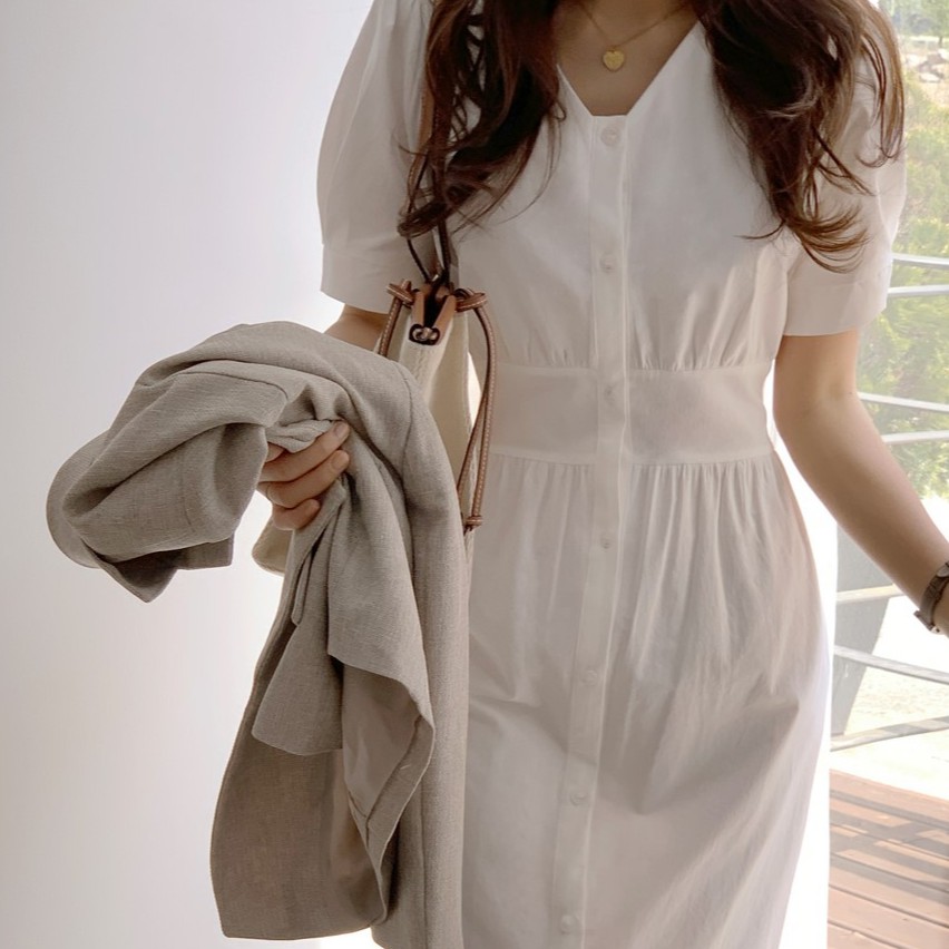 Đầm maxi ngắn tay cổ chữ V màu trơn thời trang 34034