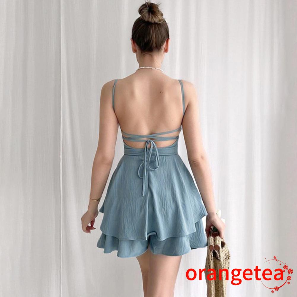 Bộ Áo Liền Quần Hai Dây Hở Lưng Màu Trơn Thời Trang Dành Cho Nữ