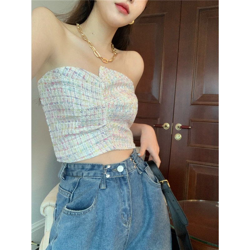 Áo Ống Vải Tweed Xếp Ly Ngực Không Dây Phong Cách Retro Dễ Phối Đồ Thời Trang Mùa Hè Dành Cho Nữ