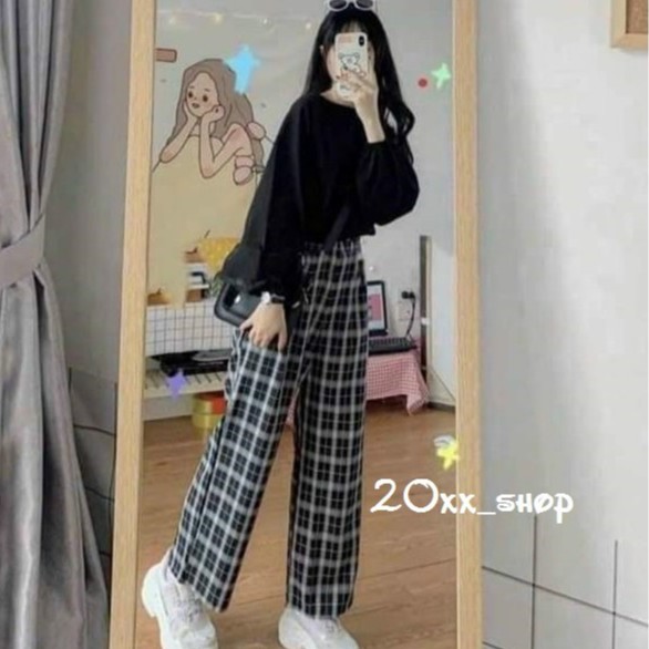 Quần Culottes Kẻ Caro Cạp Chun Ống Suông Ulzzang Nữ