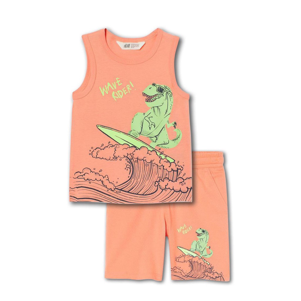 Set bộ ba lỗ bé trai Hm khủng long chất cotton mềm size 2-10 tuổi