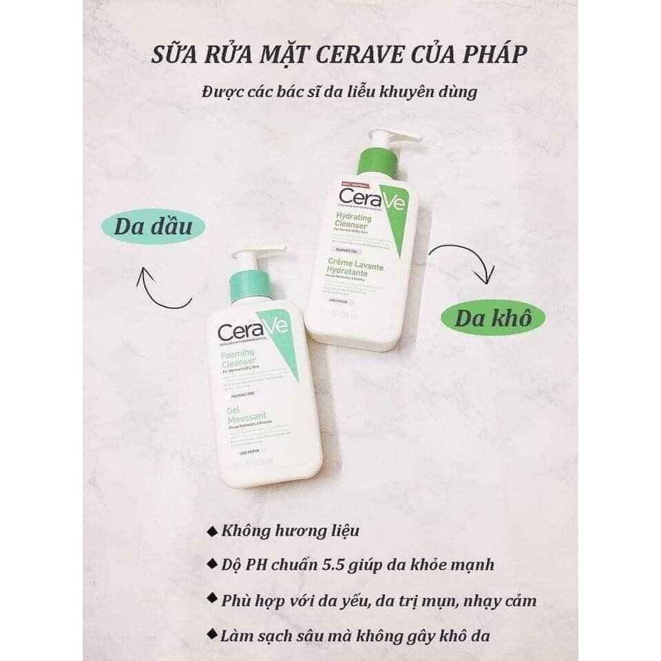 Sữa rửa mặt CERAVE 473ml bản Pháp nội địa Hydrating Da thường khô Foaming da dầu hỗn hợp
