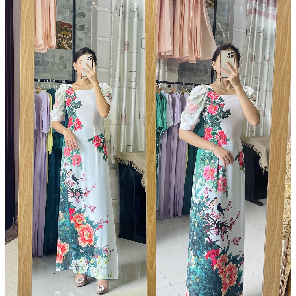 Áo dài lụa trắng in họa tiết hoa nhí lá nhí tím - Áo tay bồng tay phồng In hoa mẫu đơn