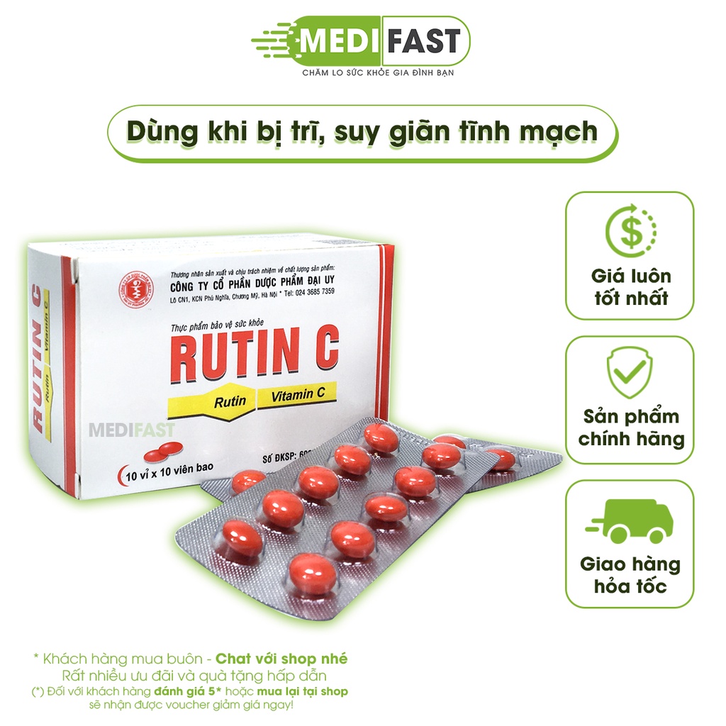 Bổ sung vitamin C, hỗ trợ phòng ngừa suy giãn tĩnh mạch, tăng sức đề kháng - Rutin C Đại Uy - Hộp 100 viên