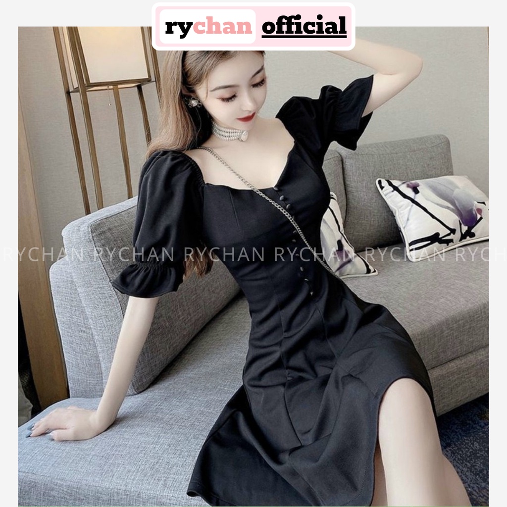 Đầm Xòe Nút Bọc Cổ V 2 Màu - DX0054