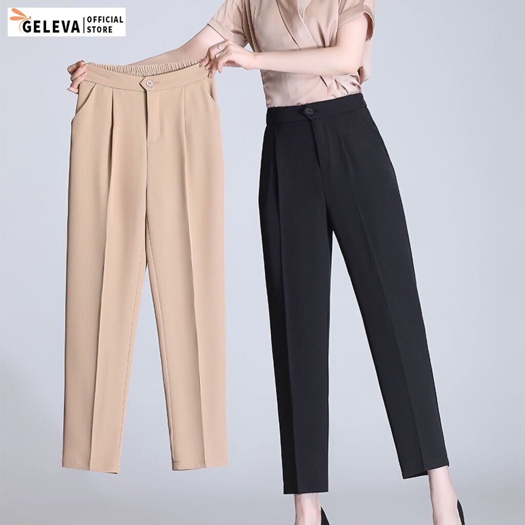 Quần tây baggy nữ đi học đi làm công sở ống đứng dáng dài cạp chun, Quần vải nữ tuyết mưa màu đen trắng be Geleva GE908 | BigBuy360 - bigbuy360.vn