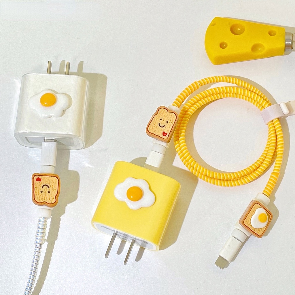 Set 4 Phụ Kiện Bảo Vệ Dây Cáp Sạc USB Hình Trứng Chiên Hoạt Hình Chống Đứt Gãy