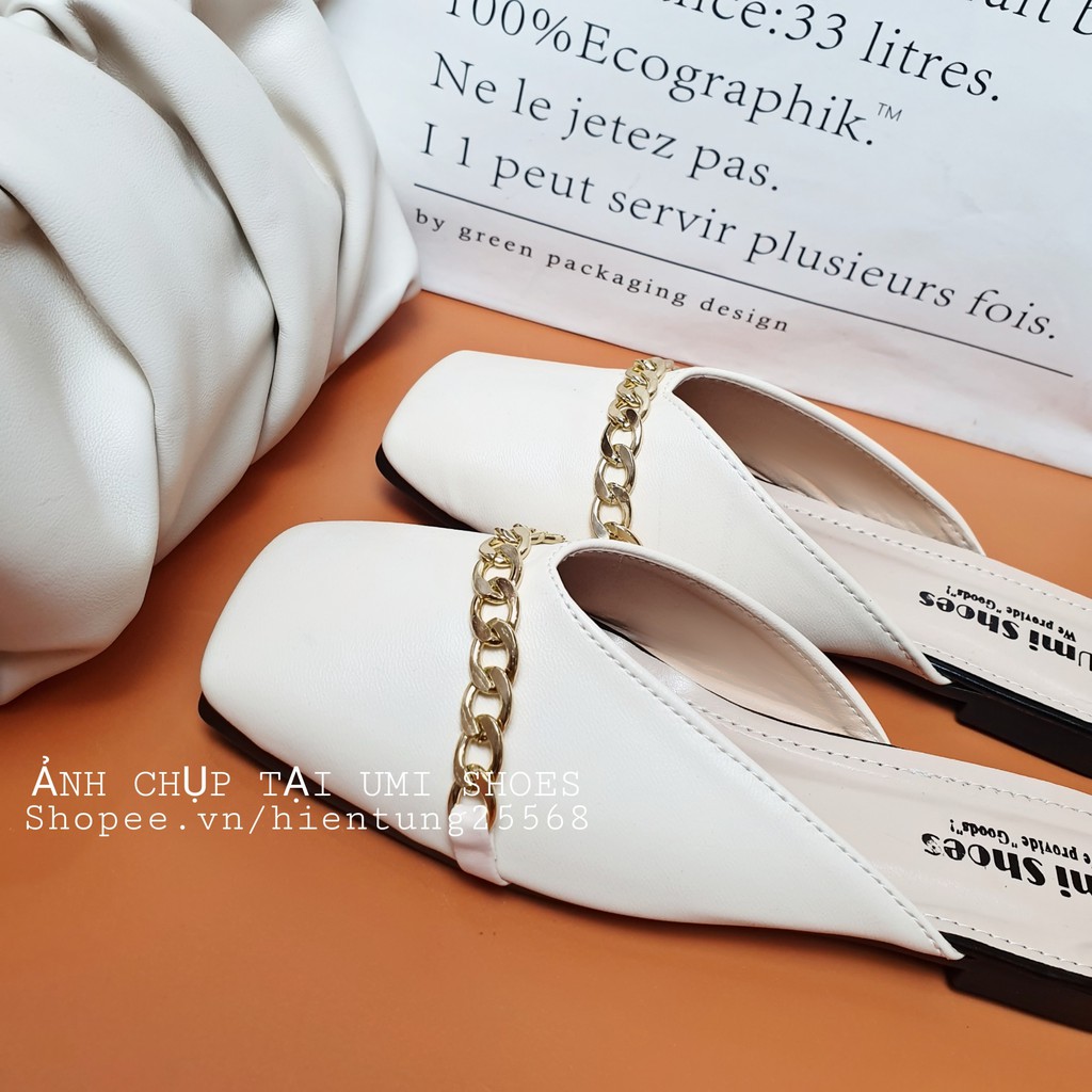 [NOWSHIP HN] Giày sục mũi vuông đế bằng bệt xích màu đen/kem đơn giản nữ tính xinh đẹp nhẹ nhàng đi chơi đi làm mới xinh