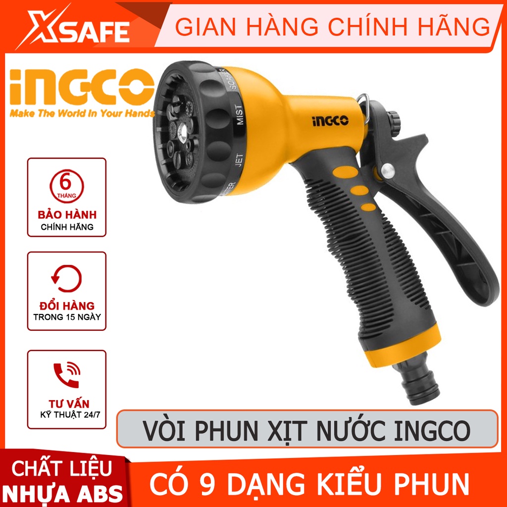 Vòi phun xịt nước INGCO HWSG092 Vòi xịt đa năng nhựa ABS, 9 kiểu phun nước, độ bền cao tưới vườn, rửa xe - Chính hãng