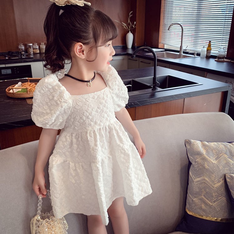 Cô Gái Ăn Mặc Mùa Hè2021Mới Trẻ Em Hàn Quốc Phong Cách Công Chúa Màu Đỏ Tay Áo Phồng Bé Gái Váy