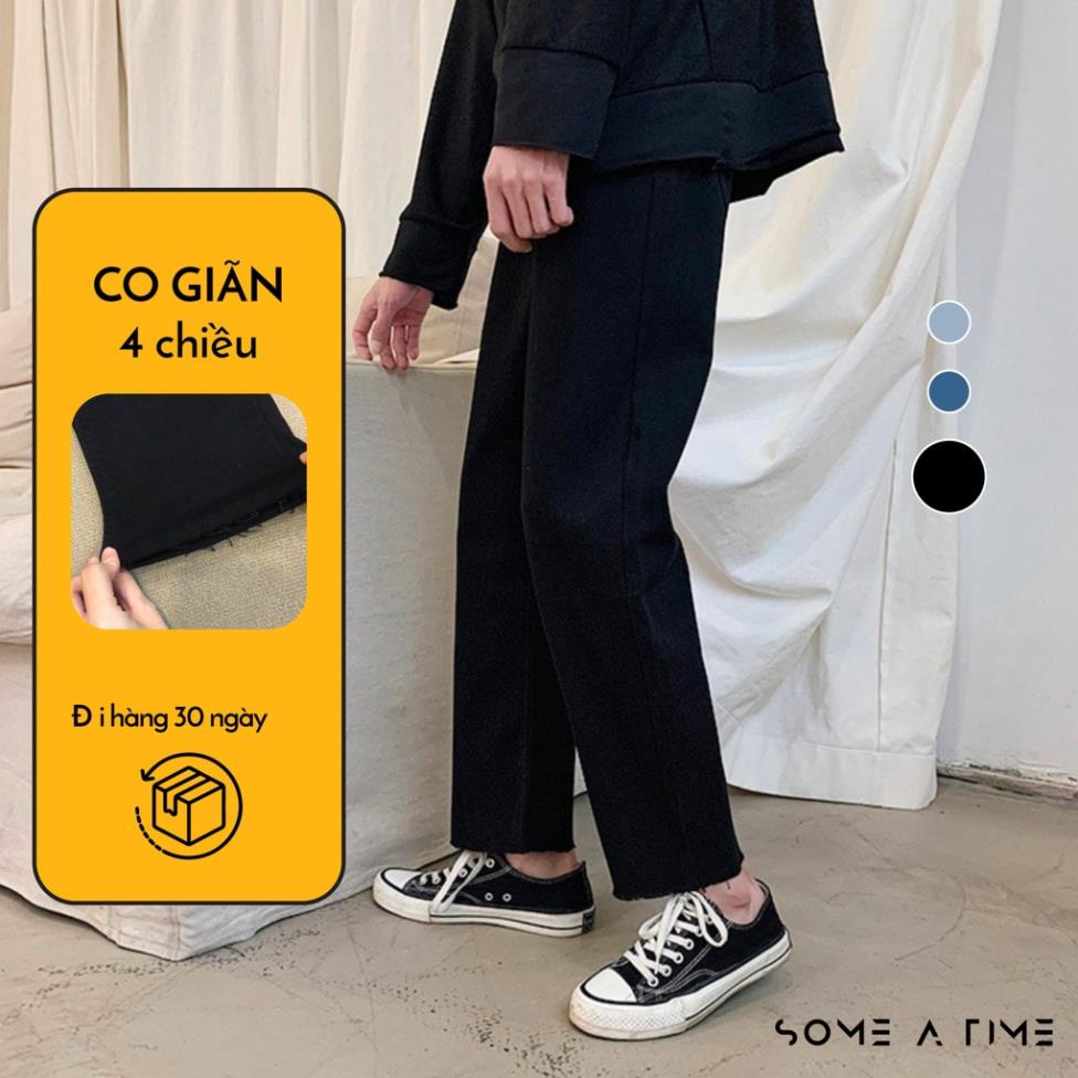 Quần Jean Baggy Nam Ống Rộng Cắt Gấu Đen Trơn Không Phai Màu Vải Co Giãn-B01 ®️