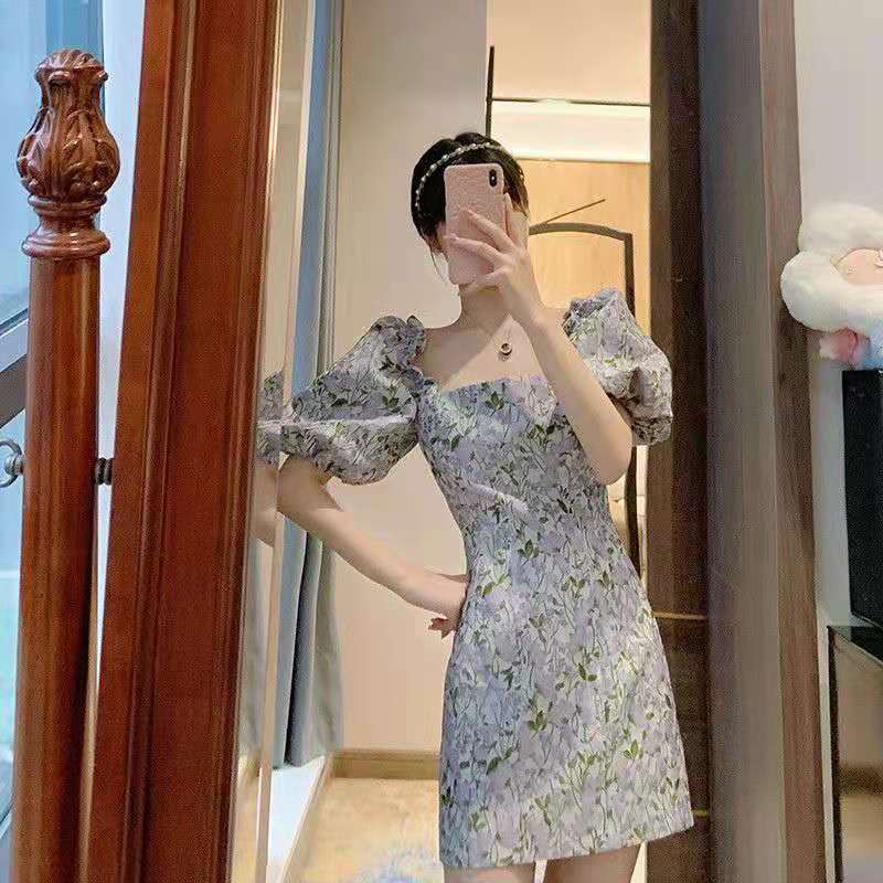 Đầm Tay Phồng Cổ Vuông Nhấn Eo In Họa Tiết Hoa Phong Cách Retro Pháp Hàng Mới