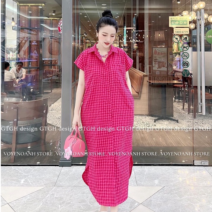 Đầm sơ mi LINH RUBI STORE váy dáng suông dài có túi cạnh họa tiết kẻ caro chất thô mềm cao cấp V291