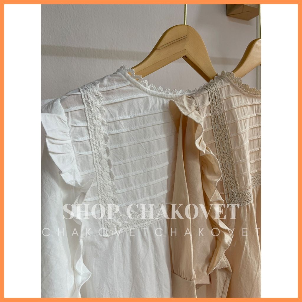Áo babydoll xếp ly ngực dịu dàng  viền bèo CKA854, kiểu Áo sơ mi nữ ngắn tay cổ tròn 2 màu Be và Trắng