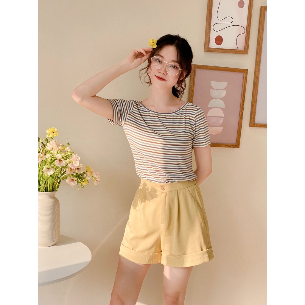 Áo thun ngắn tay cổ tròn kẻ ngang nhỏ MADELEN