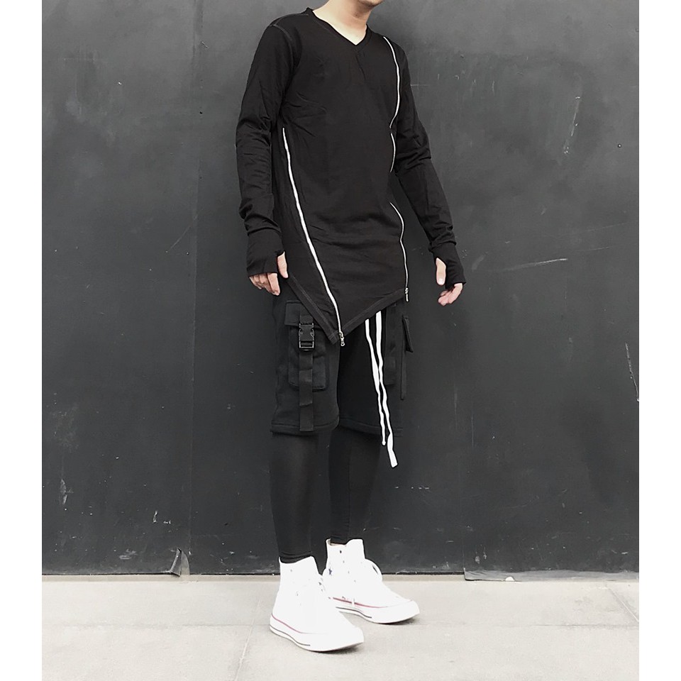 Áo thun dài tay khoá kéo dài Lexuza 026, cổ tim, cotton cao cấp