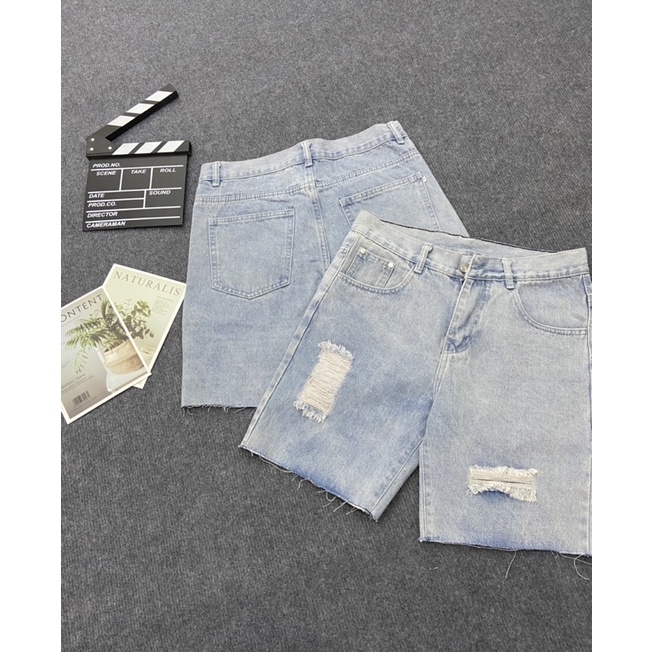 Quần Short Jeans Ống Rộng Xé Rách Năng Động, Quần Bò Lửng Thời Trang Unisex, Đùi Ngắn Style Hàn Quốc