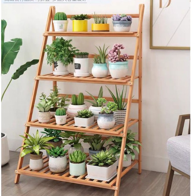 Kệ tre để chậu hoa, sen đá trang trí (tặng kèm đồ làm vườn mini)
