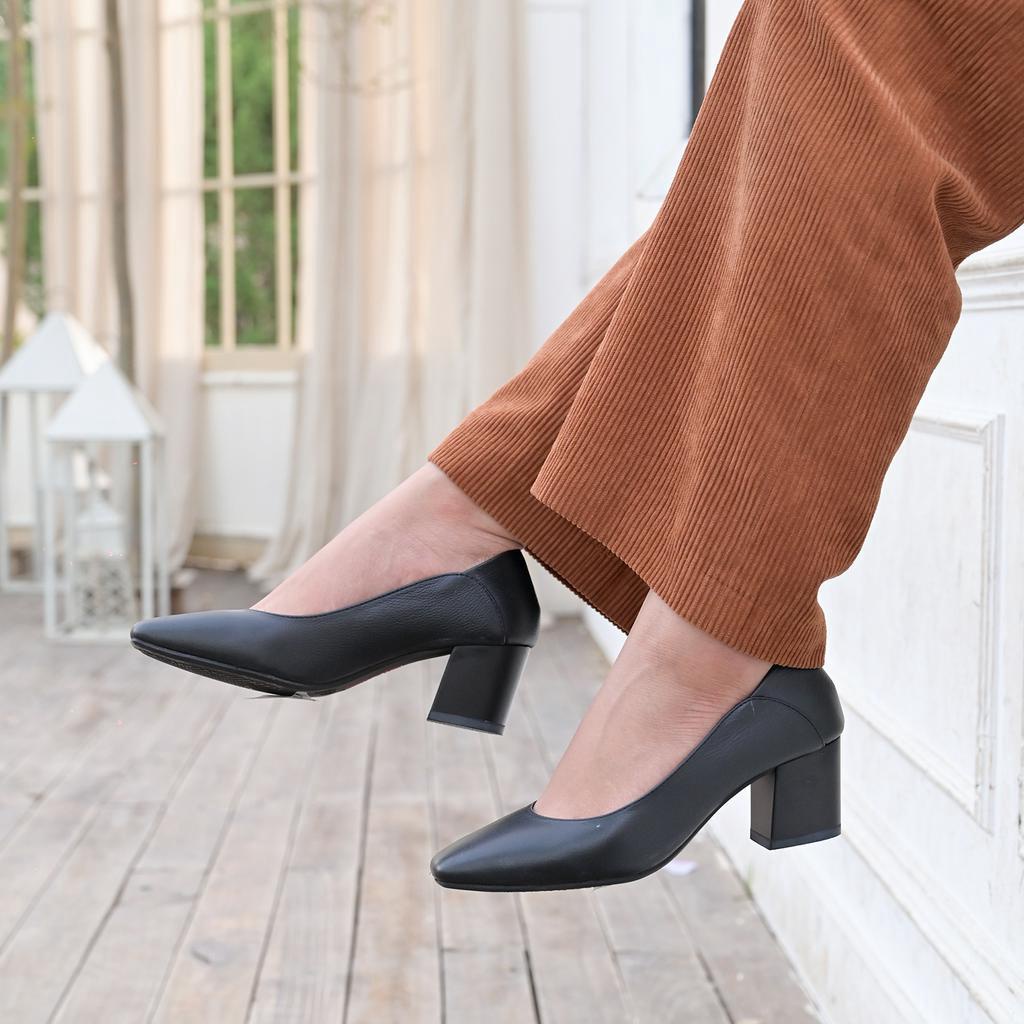 Giày cao gót nữ 5 phân KIMY SHOES,  giày công sở cao gót da thật hàng VNXK mũi vuông thon, đế vuông ma sát