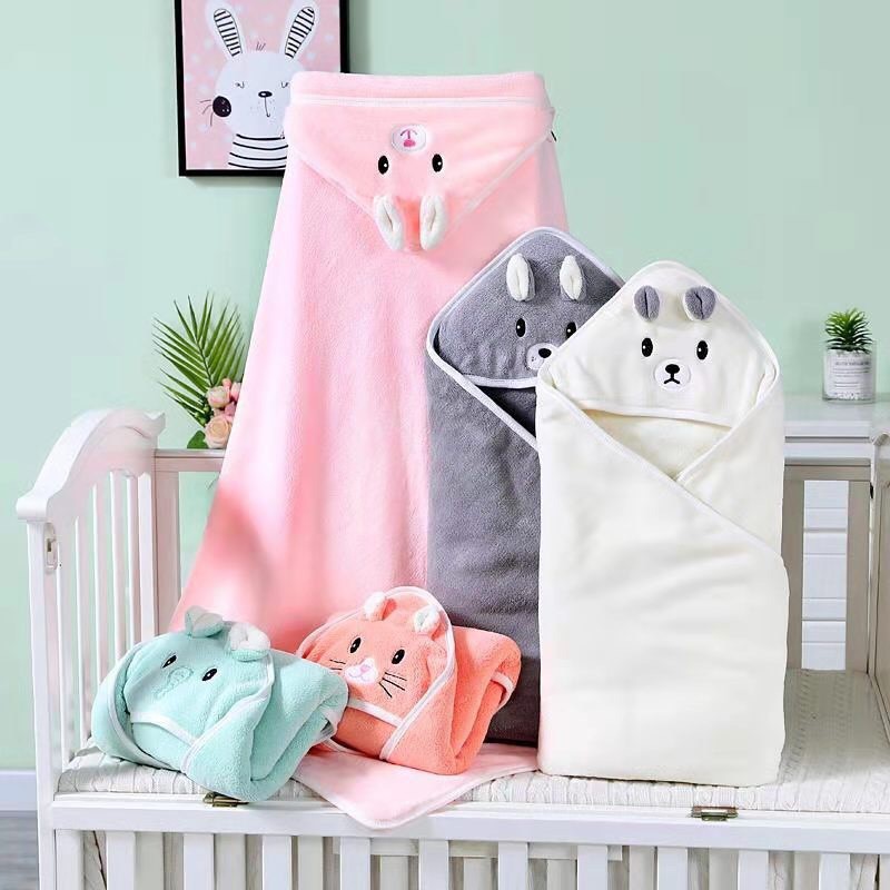Chăn ủ lông tuyết mềm mịn mũ hình thú ngộ nghĩnh choàng ủ ấm cho bé 1mx1m