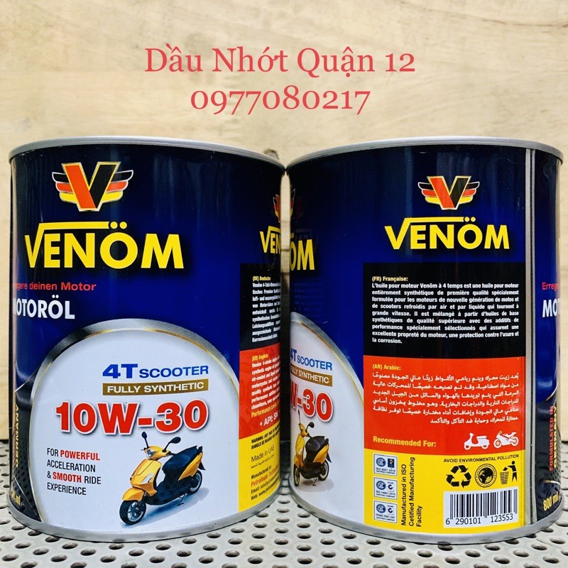 Nhớt Tổng Hợp Xe Tay Ga VENOM 4T SCOOTER 10W-30 Fully Synthetic API SN Jaso MB 800ML - Made in UAE Công Nghệ Đức