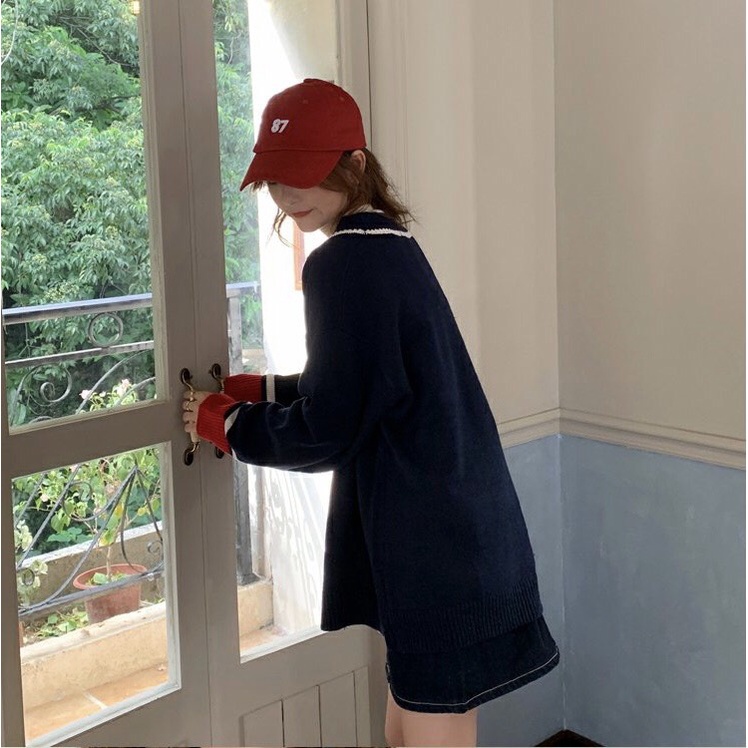 {HCM / CÓ SẴN} ÁO KHOÁC LEN CARDIGAN XANH ĐEN PHỐI VIỀN OVERSIZE PHONG CÁCH HÀN QUỐC