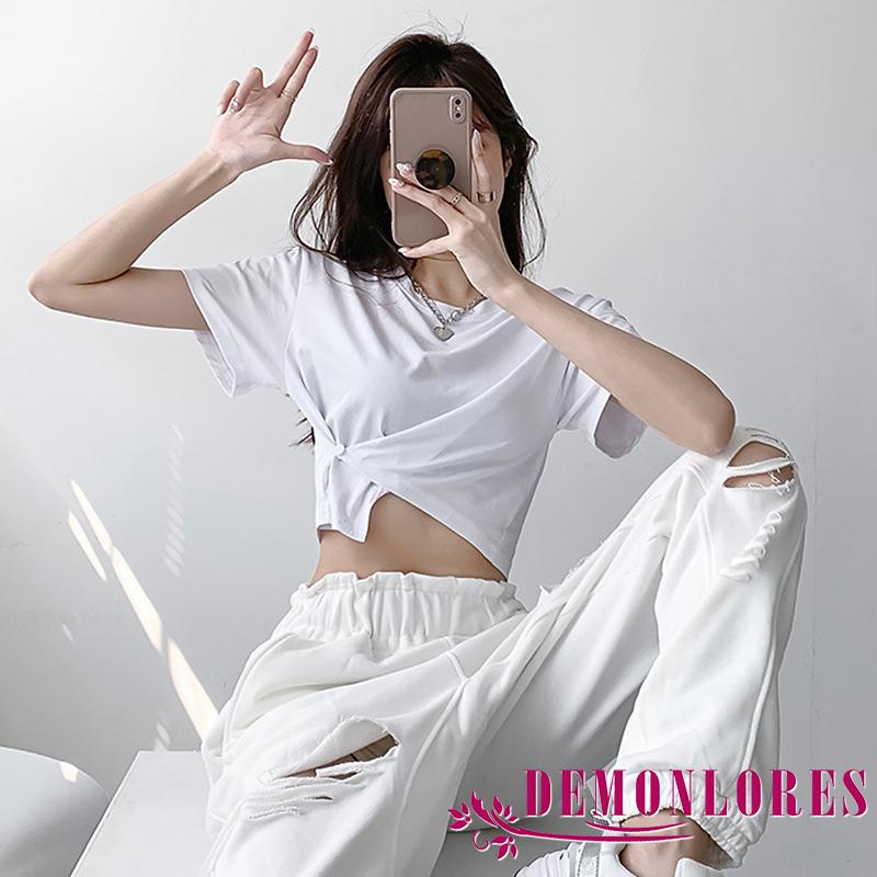 Áo Thun Croptop Ngắn Tay Cổ Tròn Màu Trơn Thiết Kế Độc Đáo Thời Trang Cho Nữ