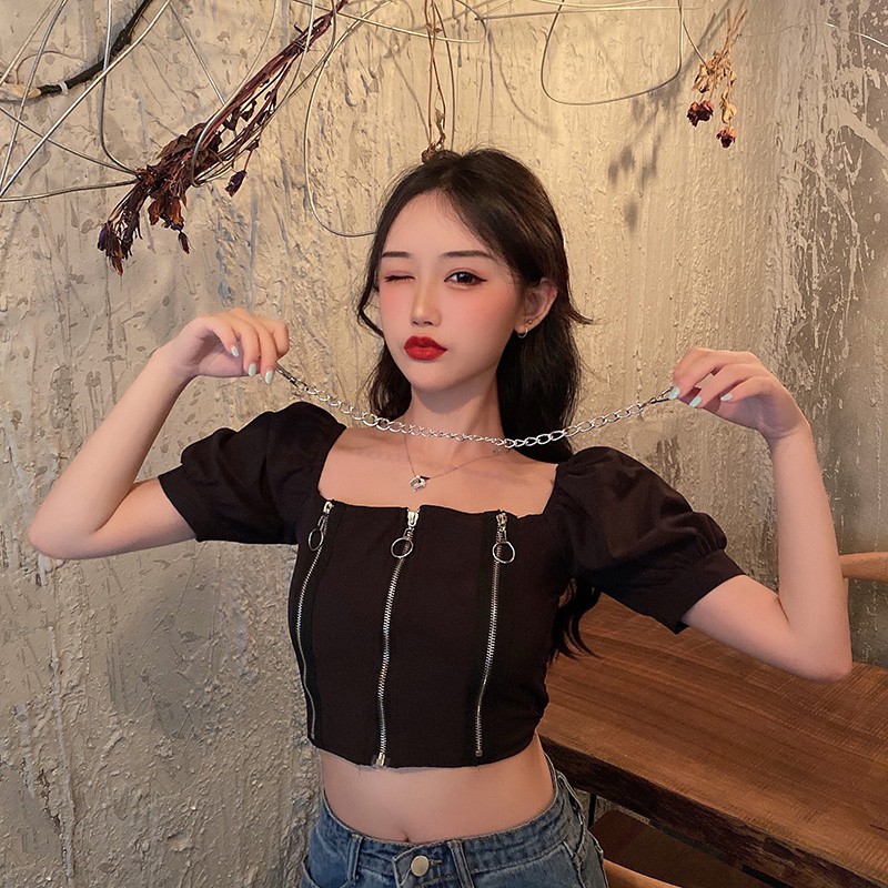 Áo croptop tay ngắn cổ vuông 3 dây kéo có xích ôm body cực chất cá tính ulzzang ( 2 màu )