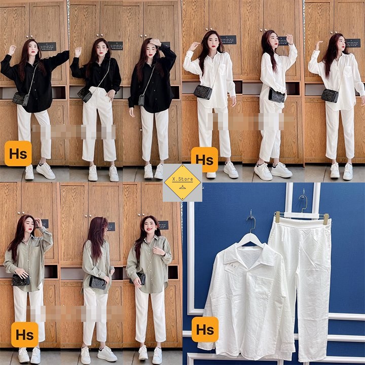 Set Áo Sơ Mi Đũi + Quần Suông Trắng Unisex X.store Có Ảnh Thật + Đánh Giá