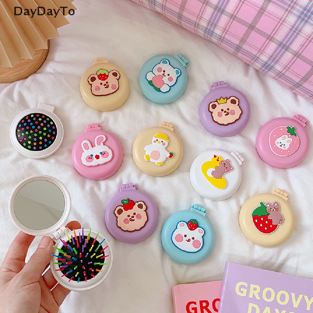 Lược Gấp Tích Hợp Gương Mát Xa Da Đầu Thiết Kế Nhỏ Gọn Dễ Thương