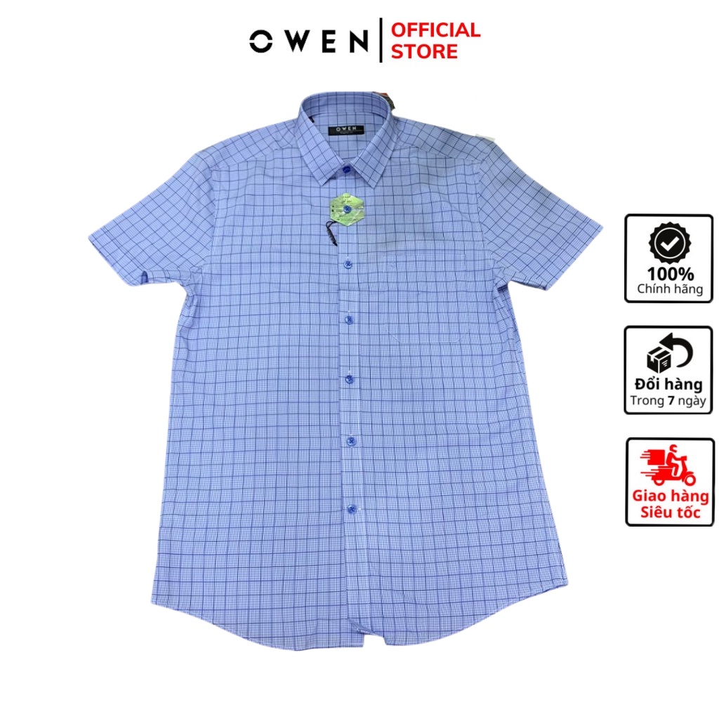 Áo sơ mi nam ngắn tay OWEN AR22947NT somi công sở vải lô hội cao cấp màu xanh kẻ caro dáng suông tà lượn có túi