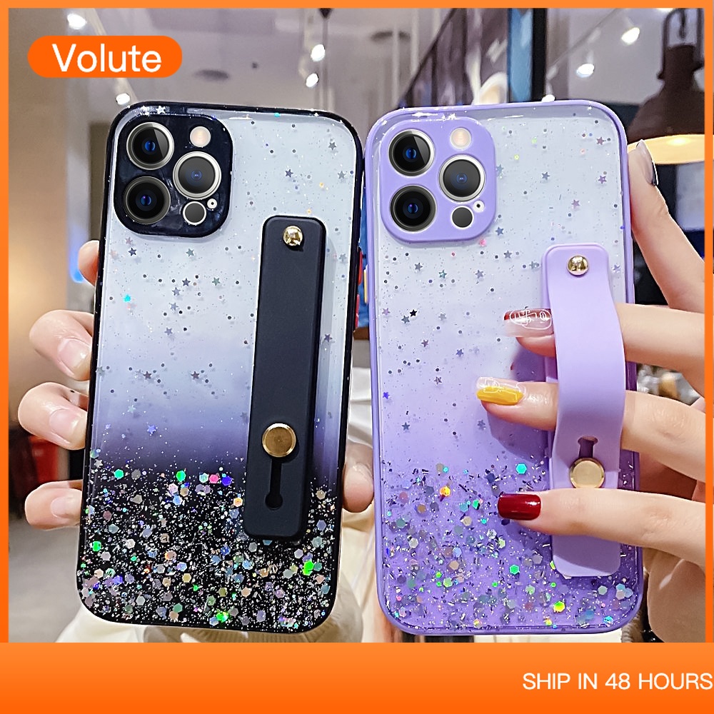 Ốp Điện Thoại Màu Gradient Có Quai Cầm Tay Kiêm Giá Đỡ + Dây Đeo Cho Iphone 11 12 Pro Max X Xs Xr 7 8 Plus
