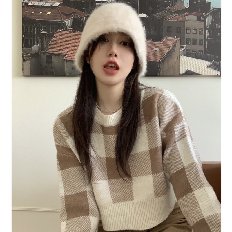 Áo lửng tay dài cổ tròn họa tiết sọc caro phong cách mới cho nữ