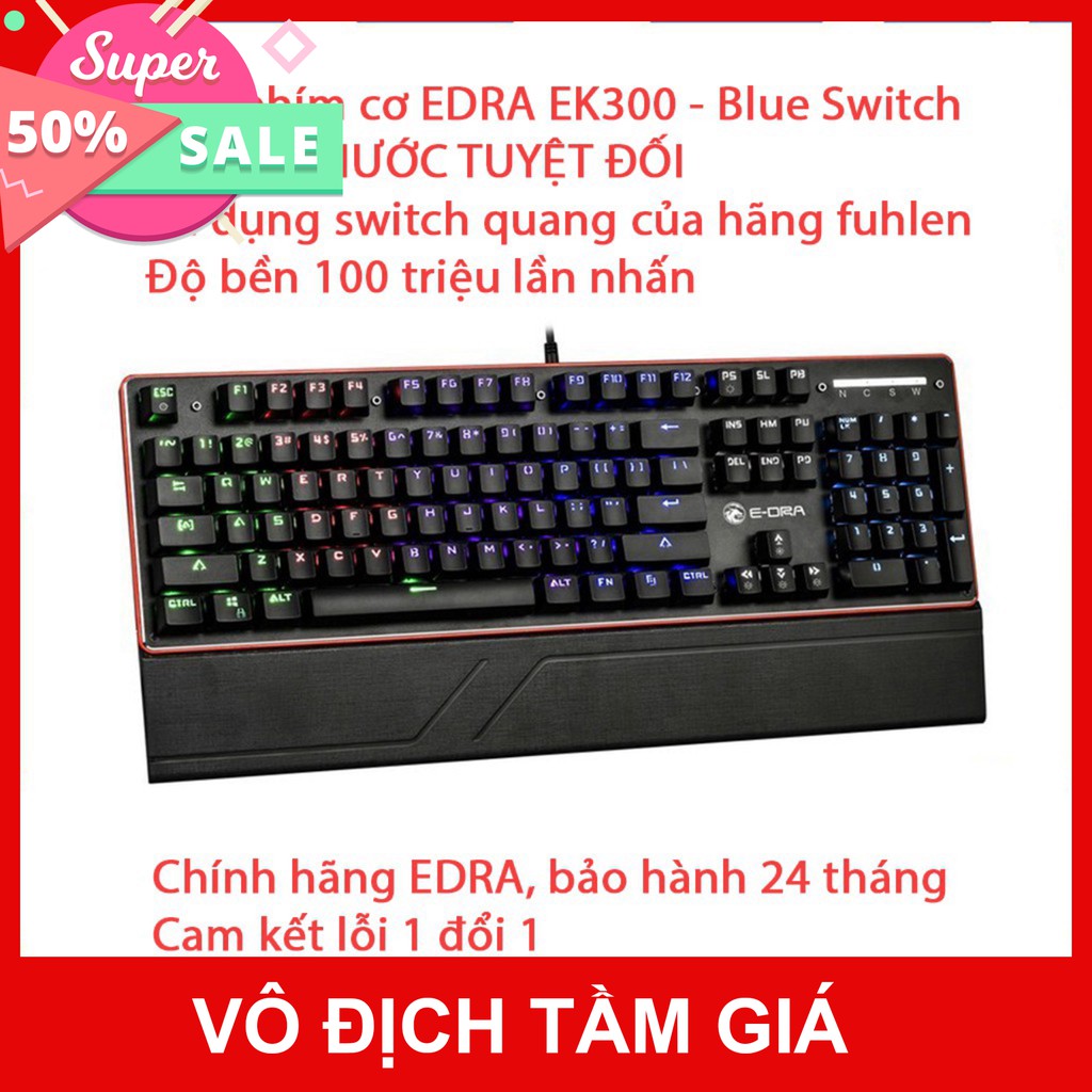 Bàn phím cơ Gaming E-DRA EK300 - - Blue switch - Chống nước tuyệt đối  - Có kê tay - Led 7 màu - BH 24 tháng